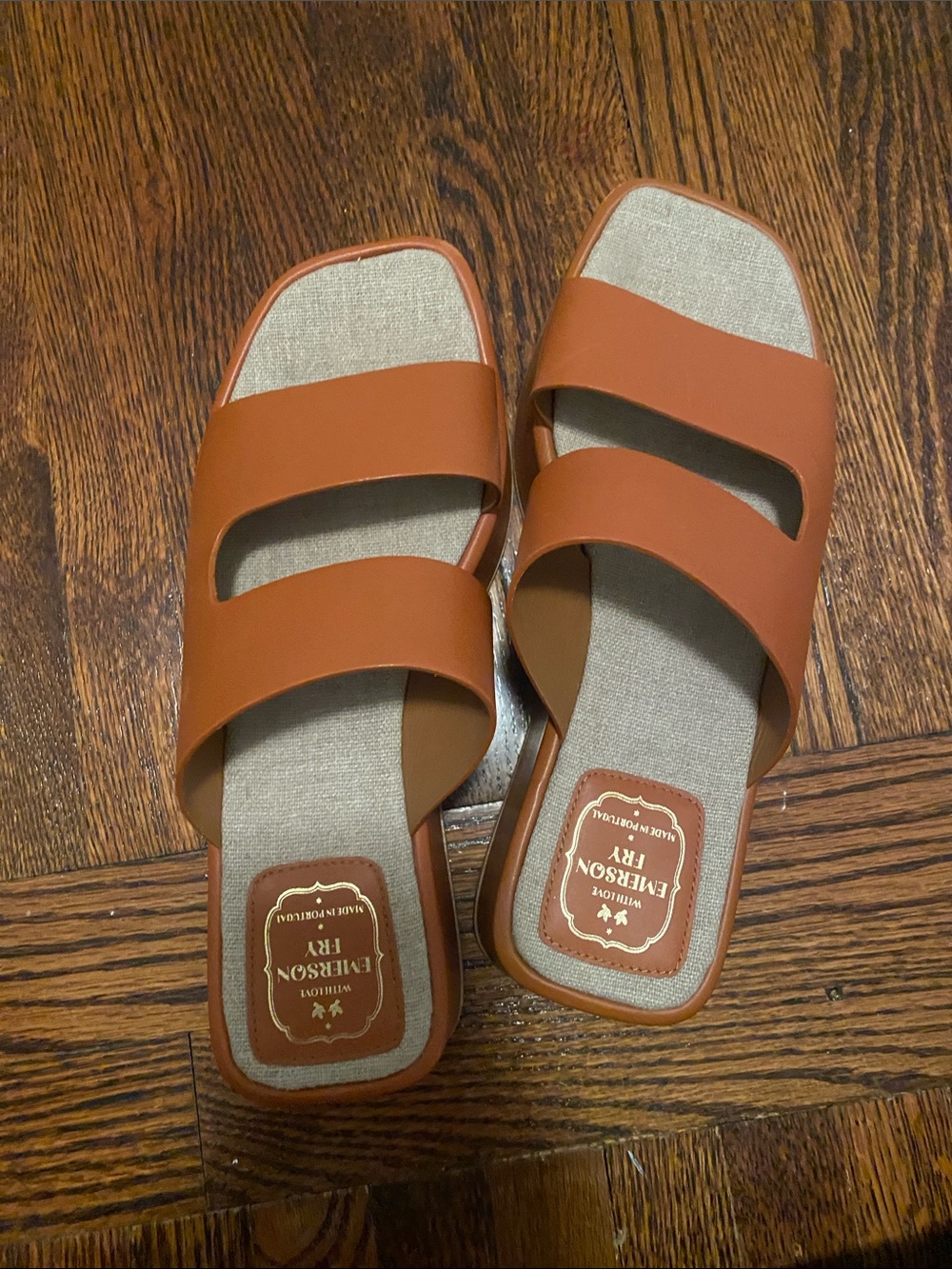 Emerson Fry Tan Double-Strap Slide Sandals
